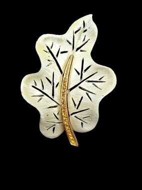 Vintage Pearlescent Leaf Brooch With Gold-Tone Stem & Amber Rhinestones Spring